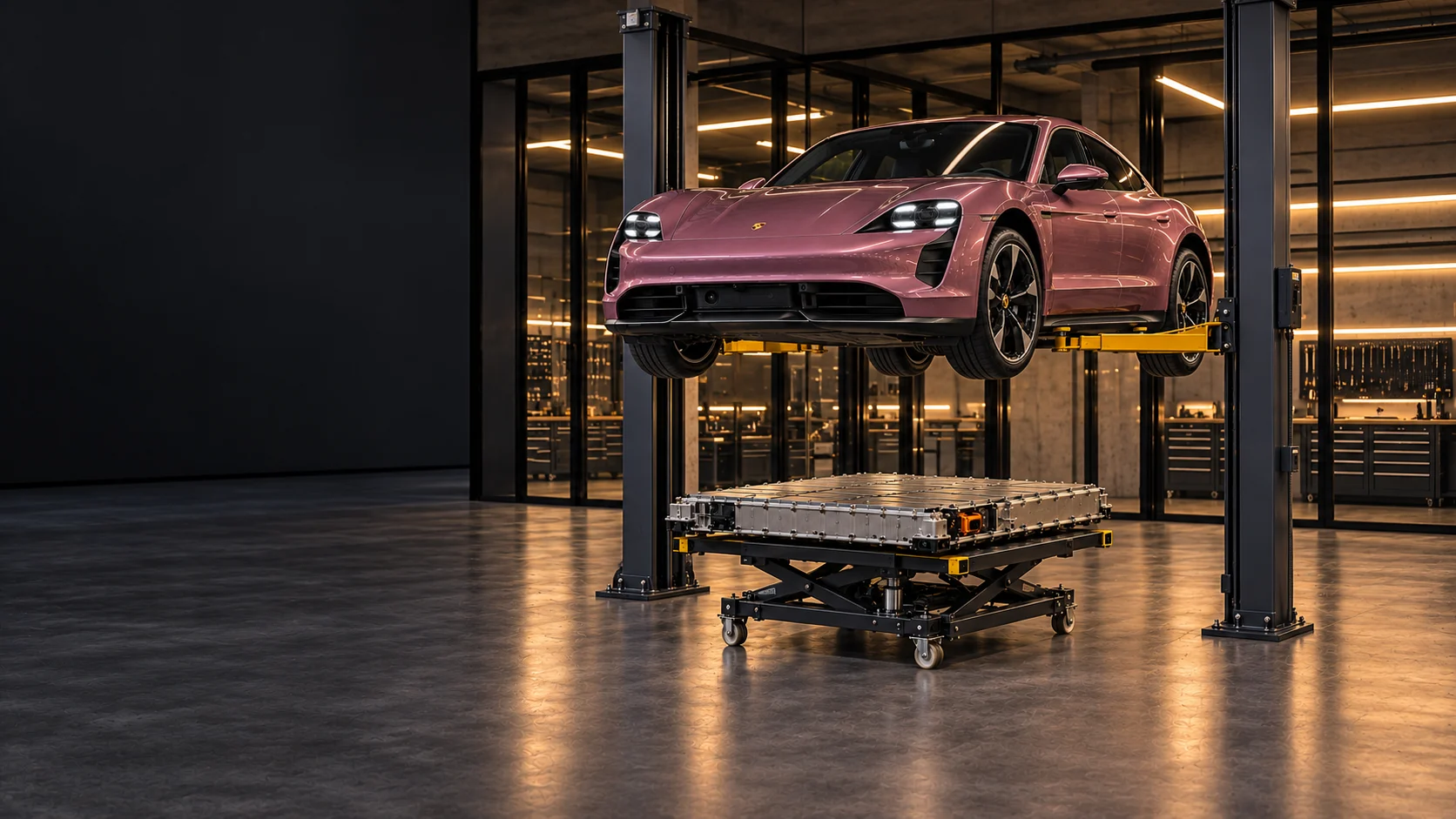 Porsche Taycan nosturilla ja akkupöytä korjaamoympäristössä, kuvitus