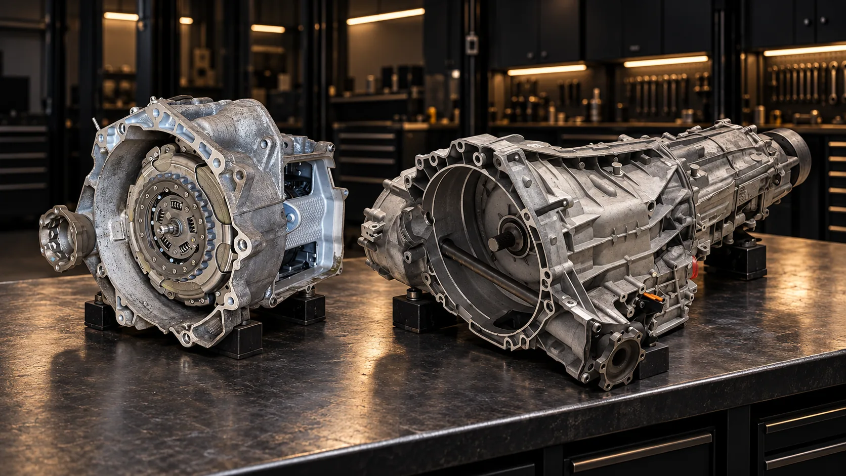 Two different dual-clutch transmissions on a workshop bench, illustration